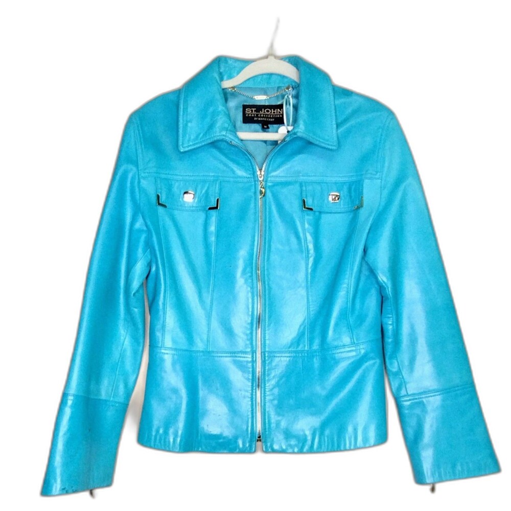 St John Marie Gray Turquoise Soft Leather Short Jacket Medium
